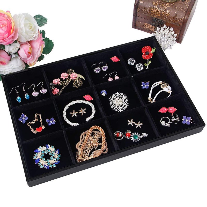 Pimuza Black Velvet Stackable 12 Grid Jewelry Tray for Women Gemstone Pendant,Diamond,Showcase Display Organizer Holder Storage Modern Box Case Pad Stackers for Valet Closet,Decorate Vanity Table - Image 4